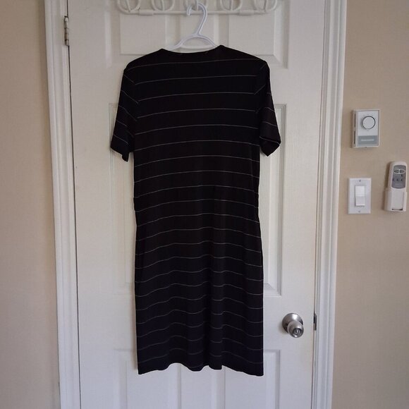 Joseph Ribkoff Women's Size 8 Black/Vanilla Stripe V Neck Tie Waist Midi Dress - Picture 6 of 14